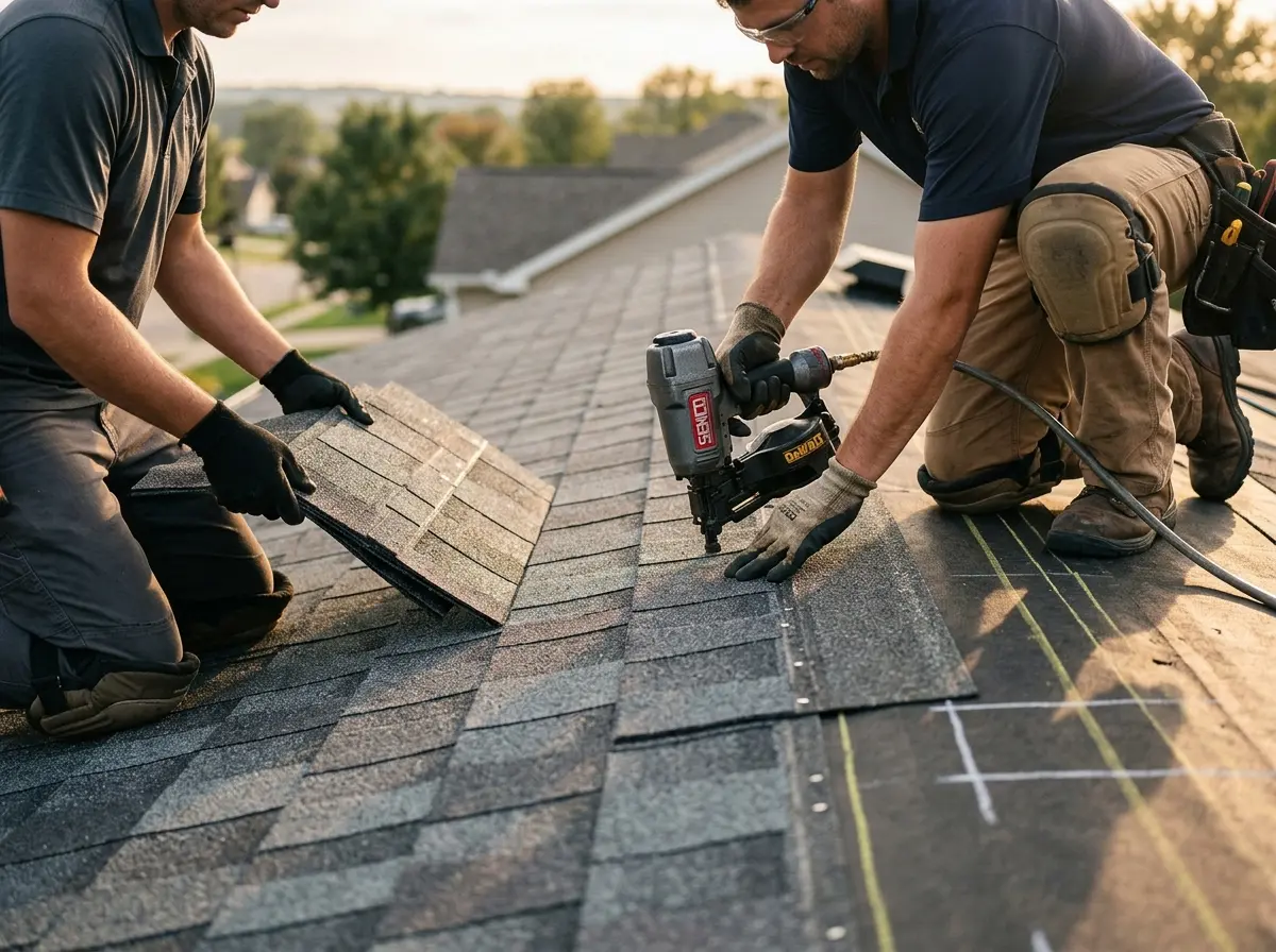 Professional roofer working on a residential roof in Carroll